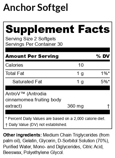 Thryve ANCHOR Antrodia Softgel Supplement Facts, 30 servings per container, with 360 mg AntroV Antrodia cinnamomea fruiting body extract per 2-softgel serving