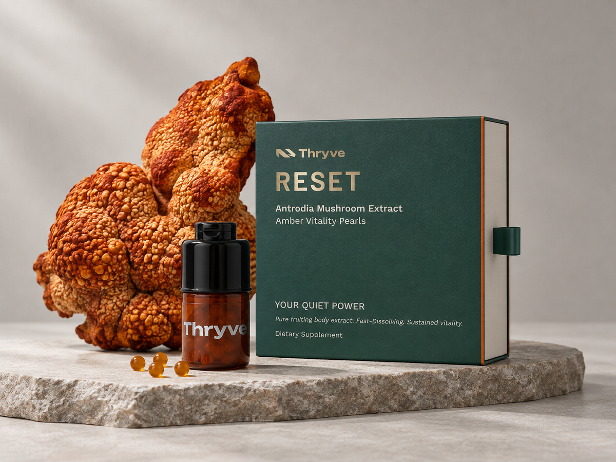 Thryve RESET Amber Vitality Pearls with portable amber vial and Antrodia cinnamomea mushroom