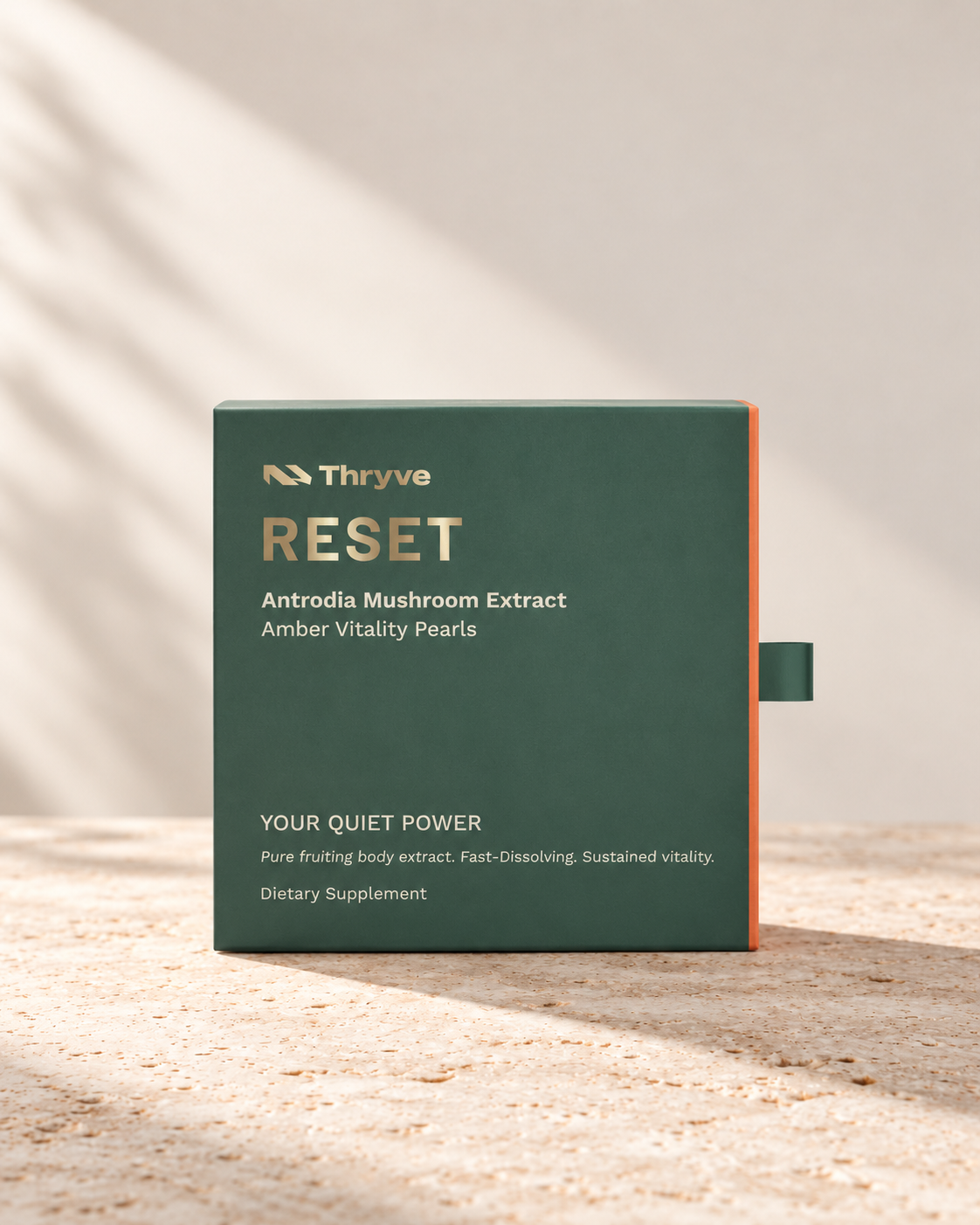 Thryve RESET Amber Vitality Pearls  front packaging, fast-dissolving Antrodia Mushroom dietary supplement