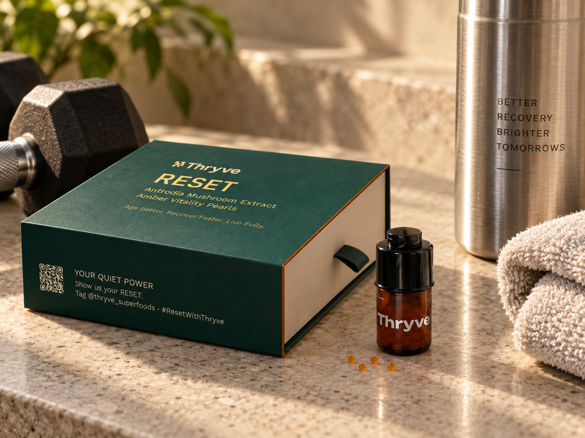 Thryve RESET Amber Vitality Pearls with portable vial in a pre-workout setting