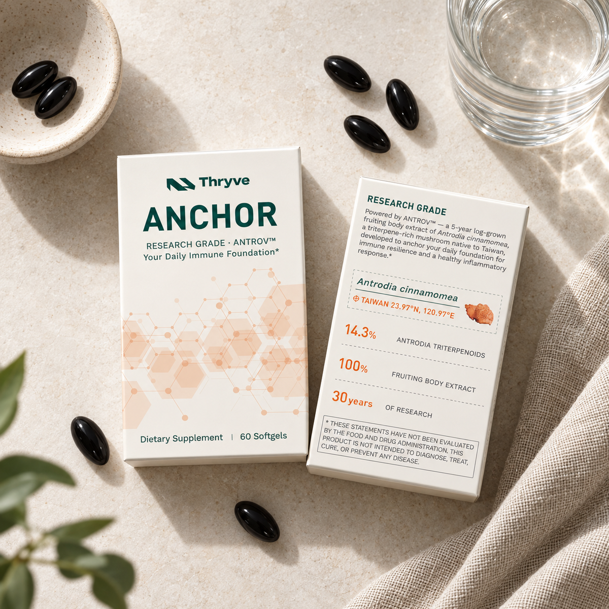 Thryve ANCHOR Antrodia Softgel packaging with black softgels and 5-year-grown Antrodia cinnamomea fruiting body extract, 60 softgels