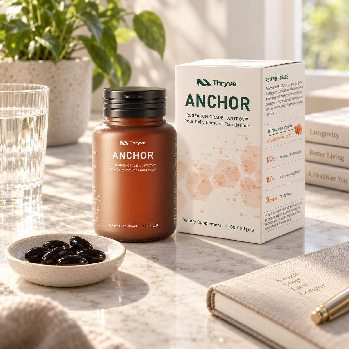Thryve ANCHOR Antrodia Softgel bottle, packaging, and black softgels beside a glass of water