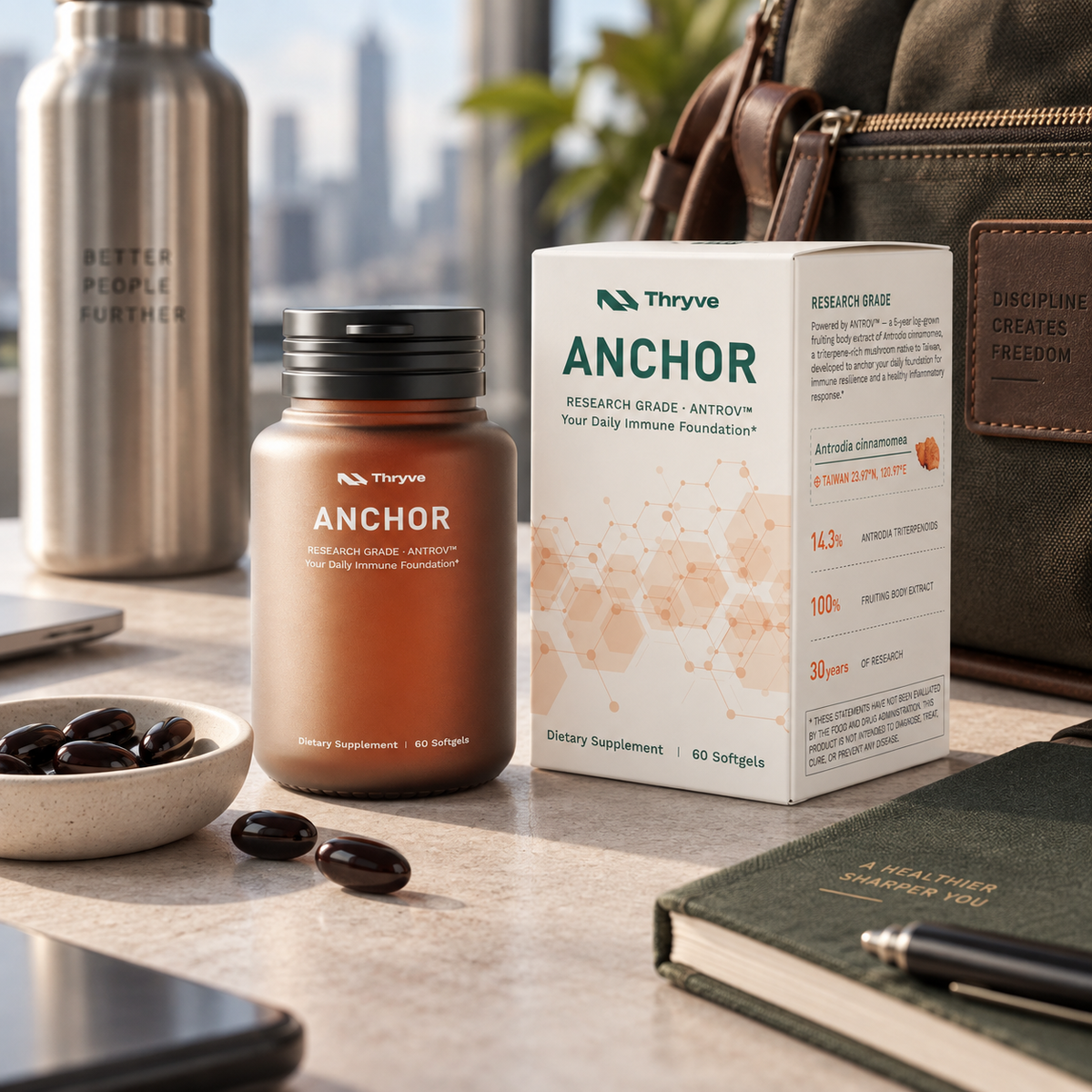 Thryve ANCHOR Antrodia Softgel bottle and packaging in a work and travel setting