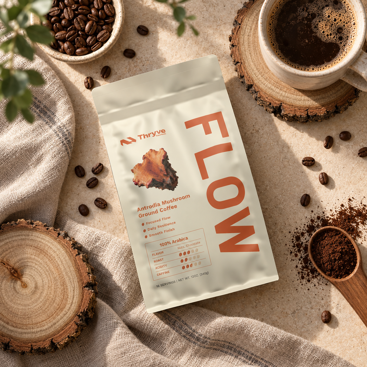 Thryve FLOW Antrodia Mushroom Ground Coffee with  coffee beans, grounds, and brewed coffee