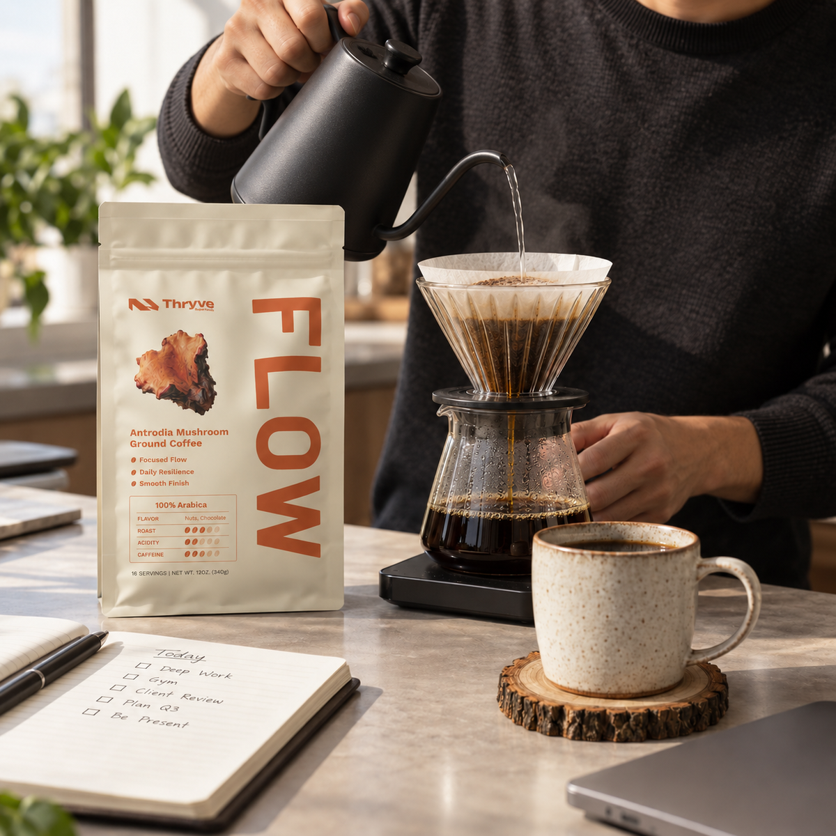 Brewing Thryve FLOW Antrodia Mushroom Ground Coffee with a pour-over coffee maker