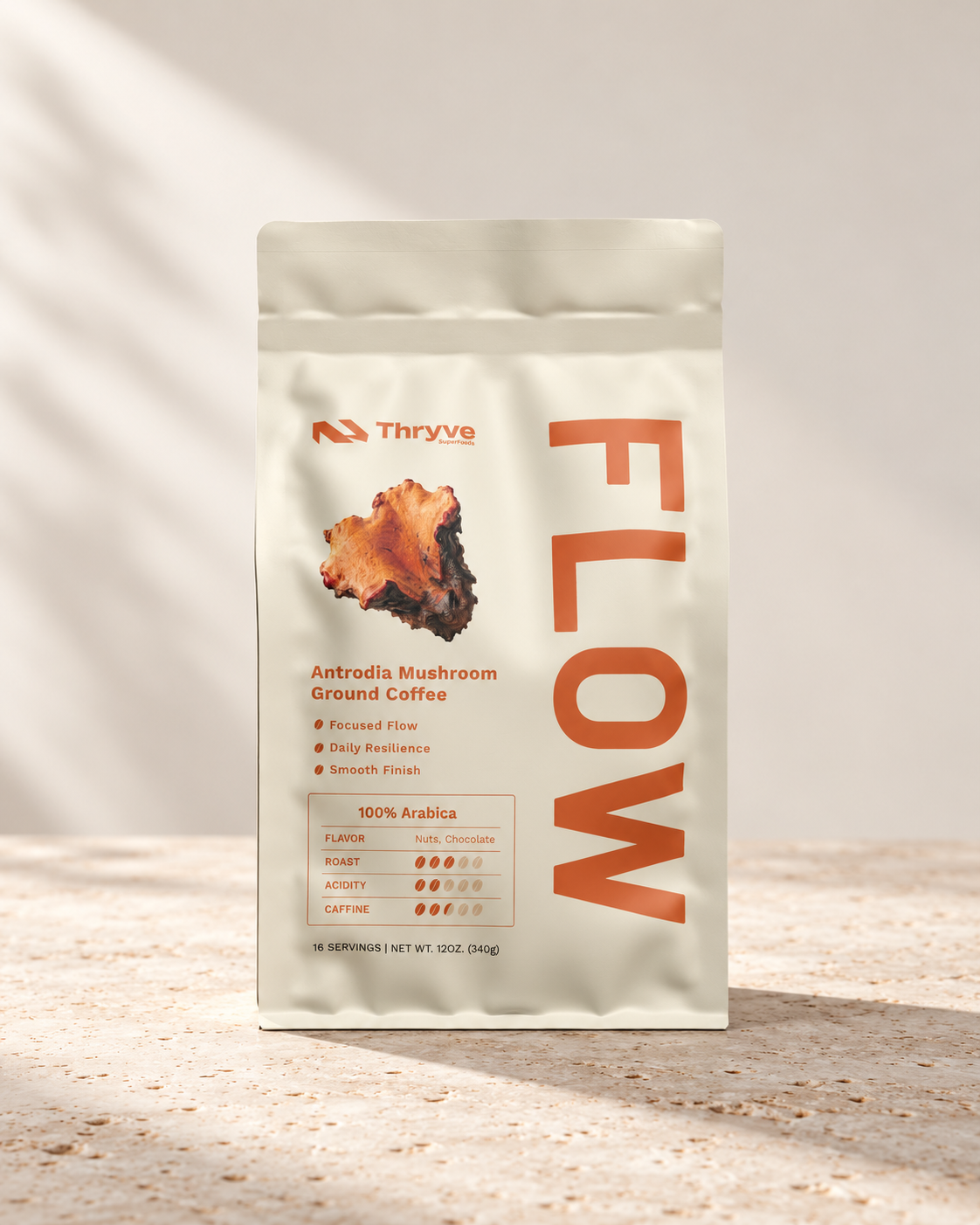 Thryve FLOW Antrodia Mushroom Ground Coffee, 100% Arabica functional coffee, 12 oz bag with 16 servings, front packaging