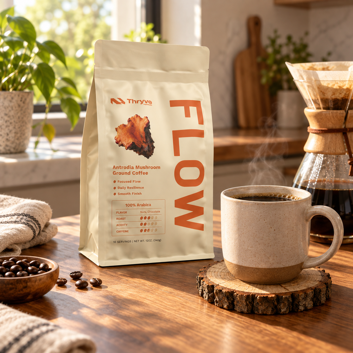 Thryve FLOW Antrodia Mushroom Ground Coffee beside a freshly brewed cup of coffee