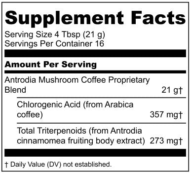 Thryve FLOW Antrodia Mushroom Ground Coffee Supplement Facts with Arabica coffee, chlorogenic acid and Antrodia triterpenoids per serving