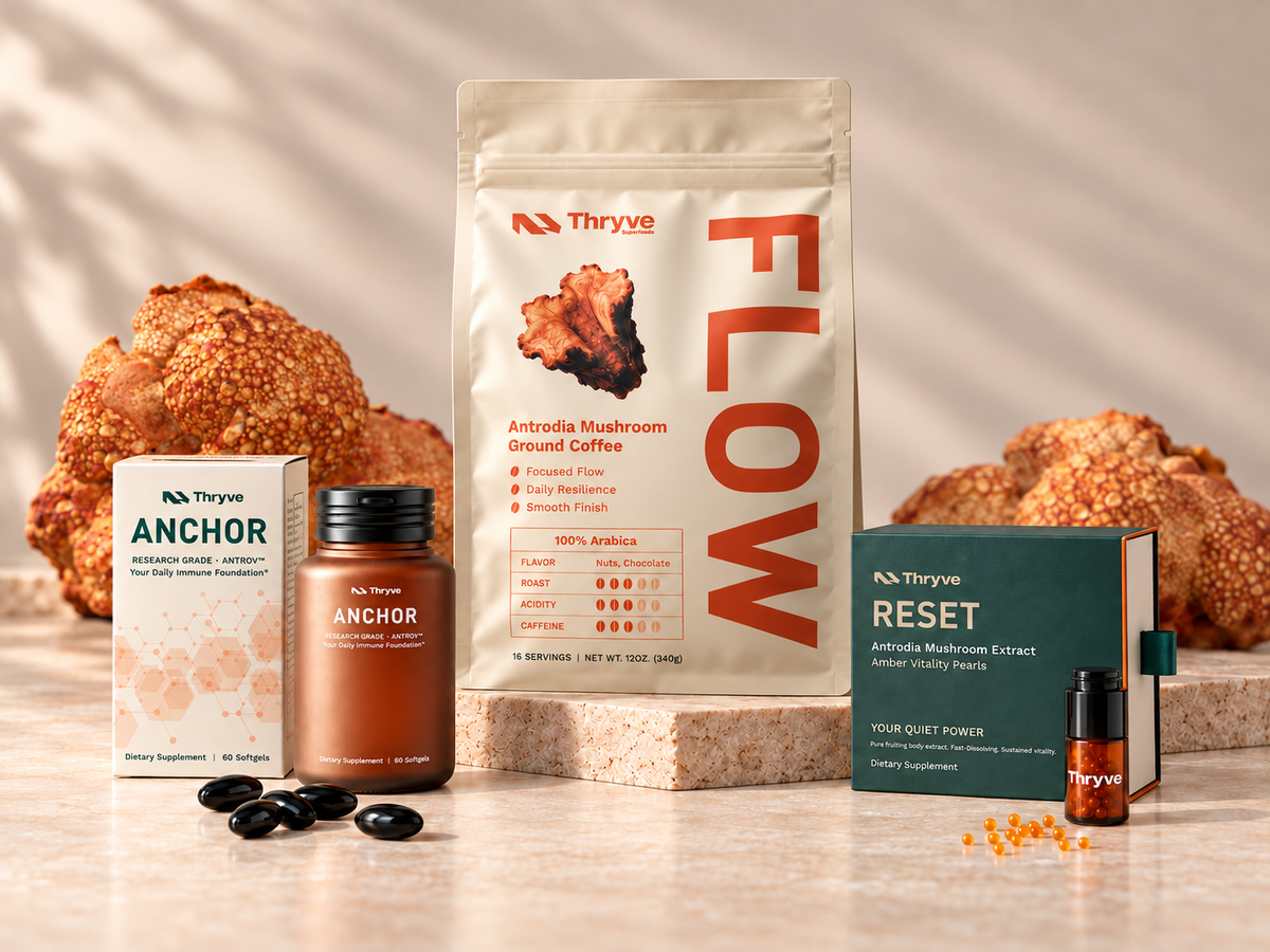 Thryve Full Life Stack featuring FLOW coffee, ANCHOR softgels, and RESET Amber Vitality Pearls with Antrodia cinnamomea fruiting bodies