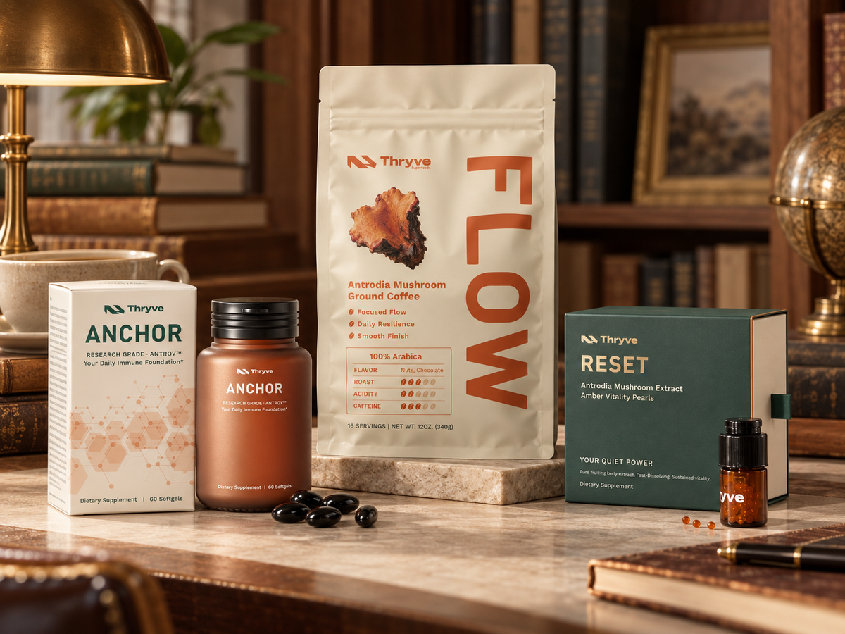 Thryve Full Life Stack with FLOW coffee, ANCHOR softgels, and RESET Amber Vitality Pearls in a daily work routine setting
