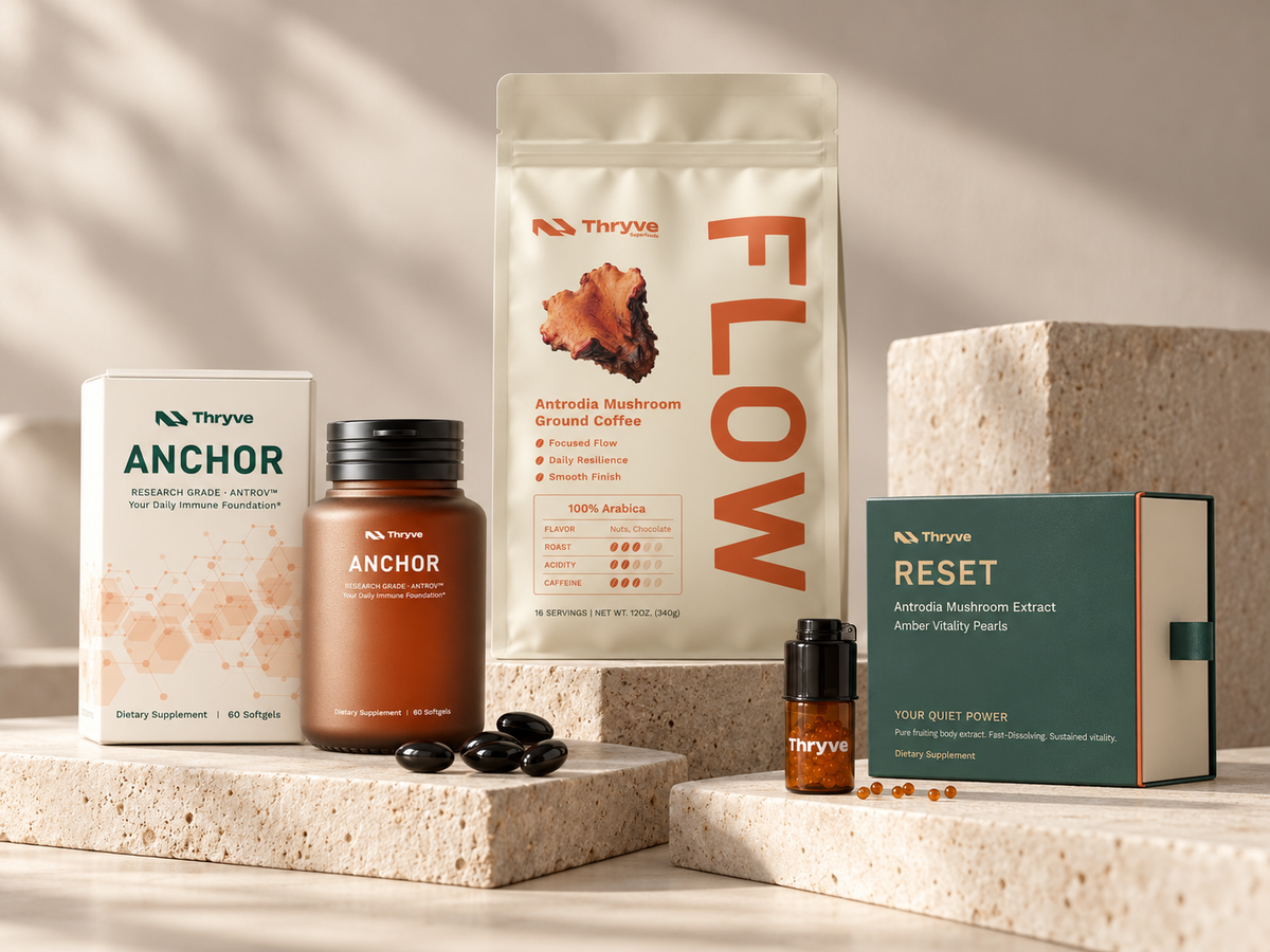 Thryve Full Life Stack with FLOW Antrodia Mushroom Ground Coffee, ANCHOR Antrodia Softgel, and RESET Amber Vitality Pearls