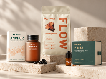 Thryve Full Life Stack with FLOW Antrodia Mushroom Ground Coffee, ANCHOR Antrodia Softgel, and RESET Amber Vitality Pearls